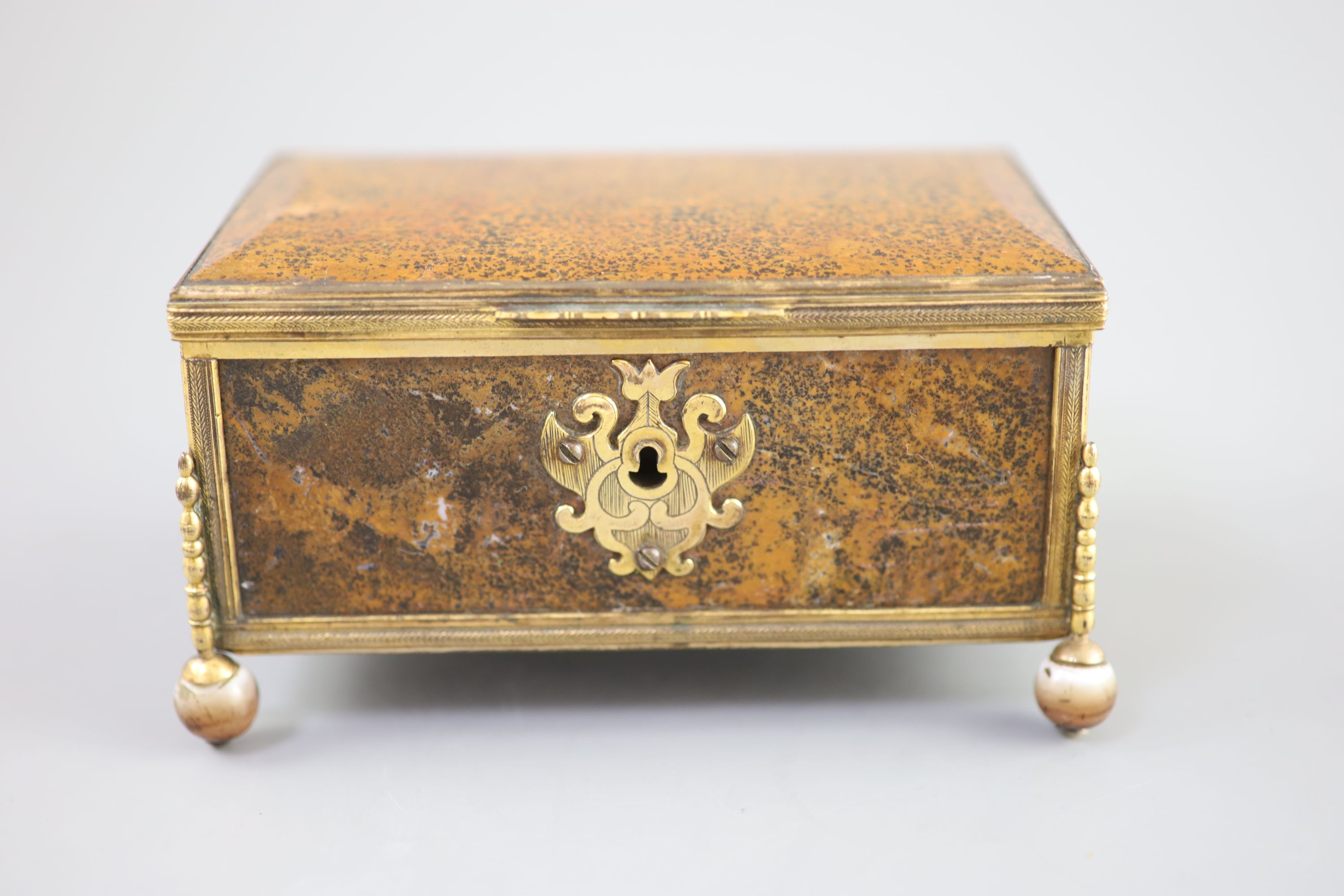 A German ormolu mounted agate casket, 19th century, 14 x 9cm, 7.5cm high.